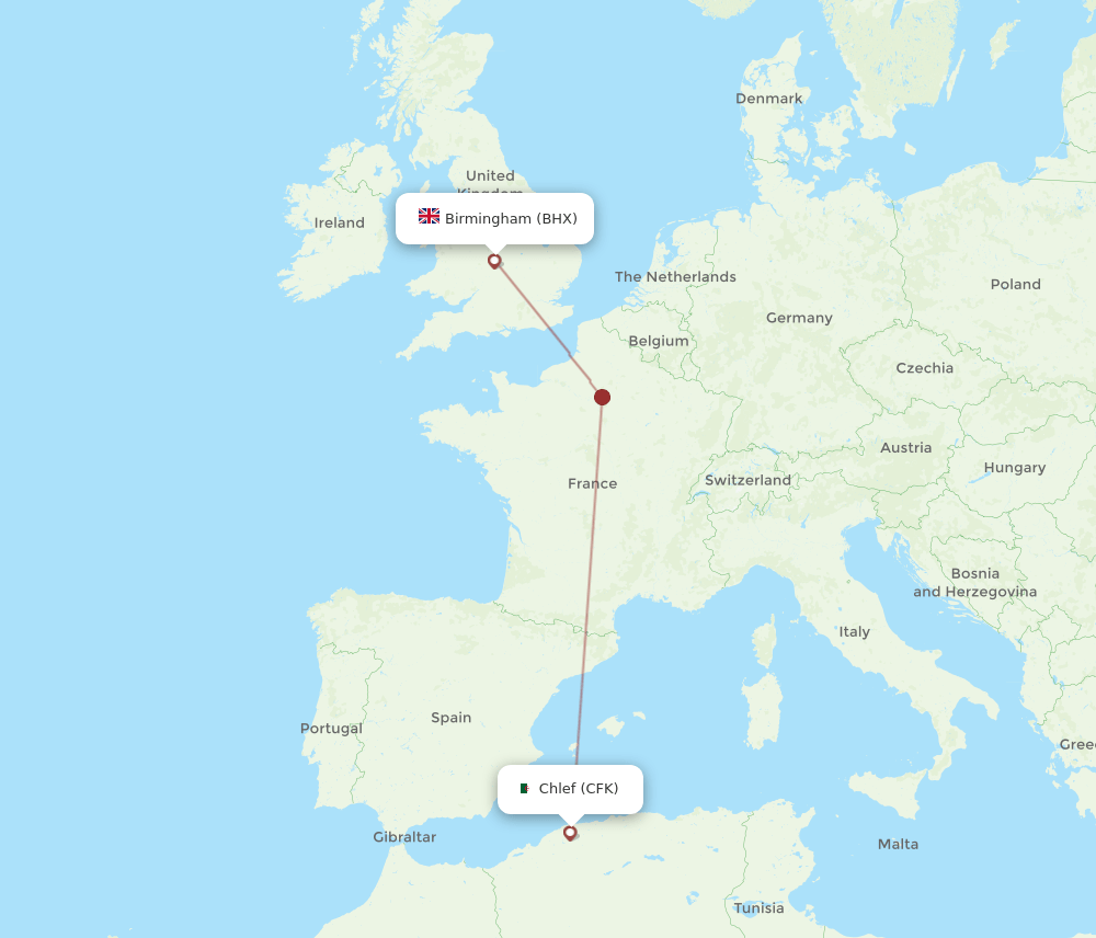 Birmingham - Chlef route map and flight paths