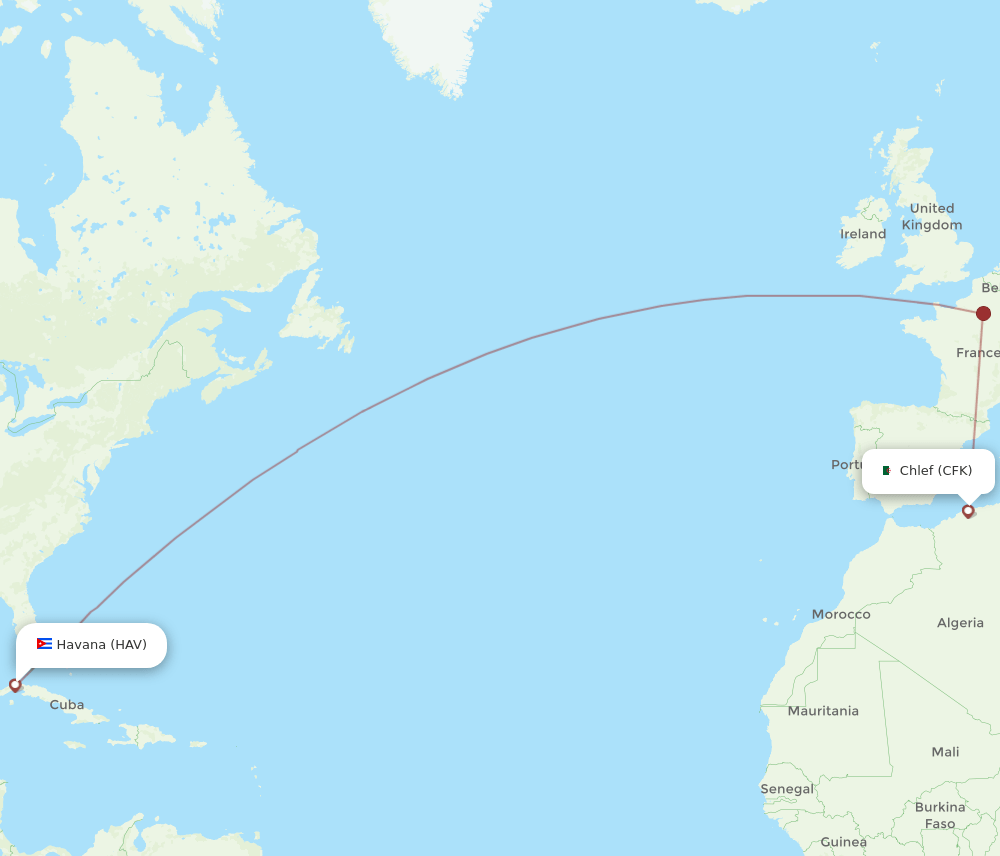 Havana - Chlef route map and flight paths