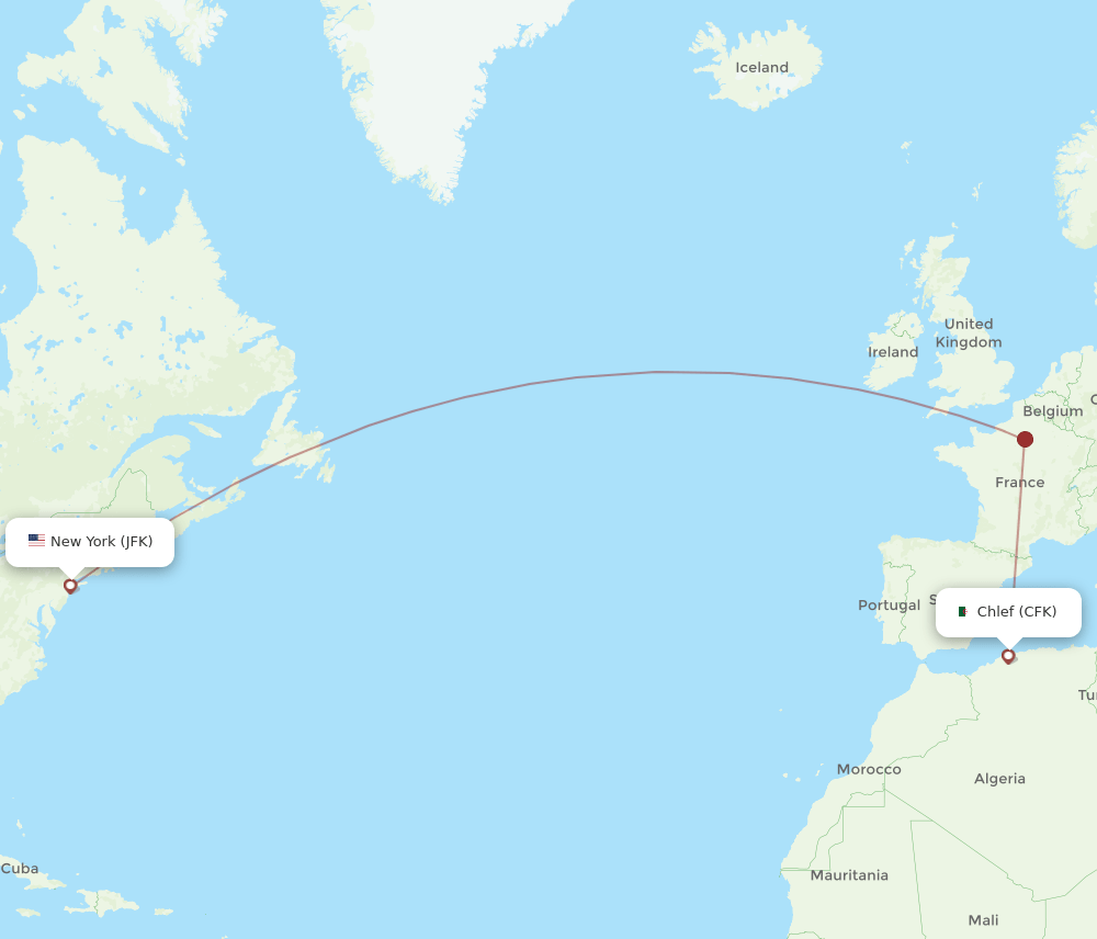 CFK to JFK flights and routes map