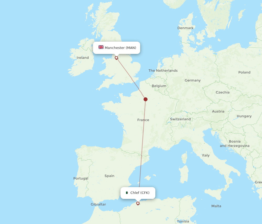 Manchester - Chlef route map and flight paths