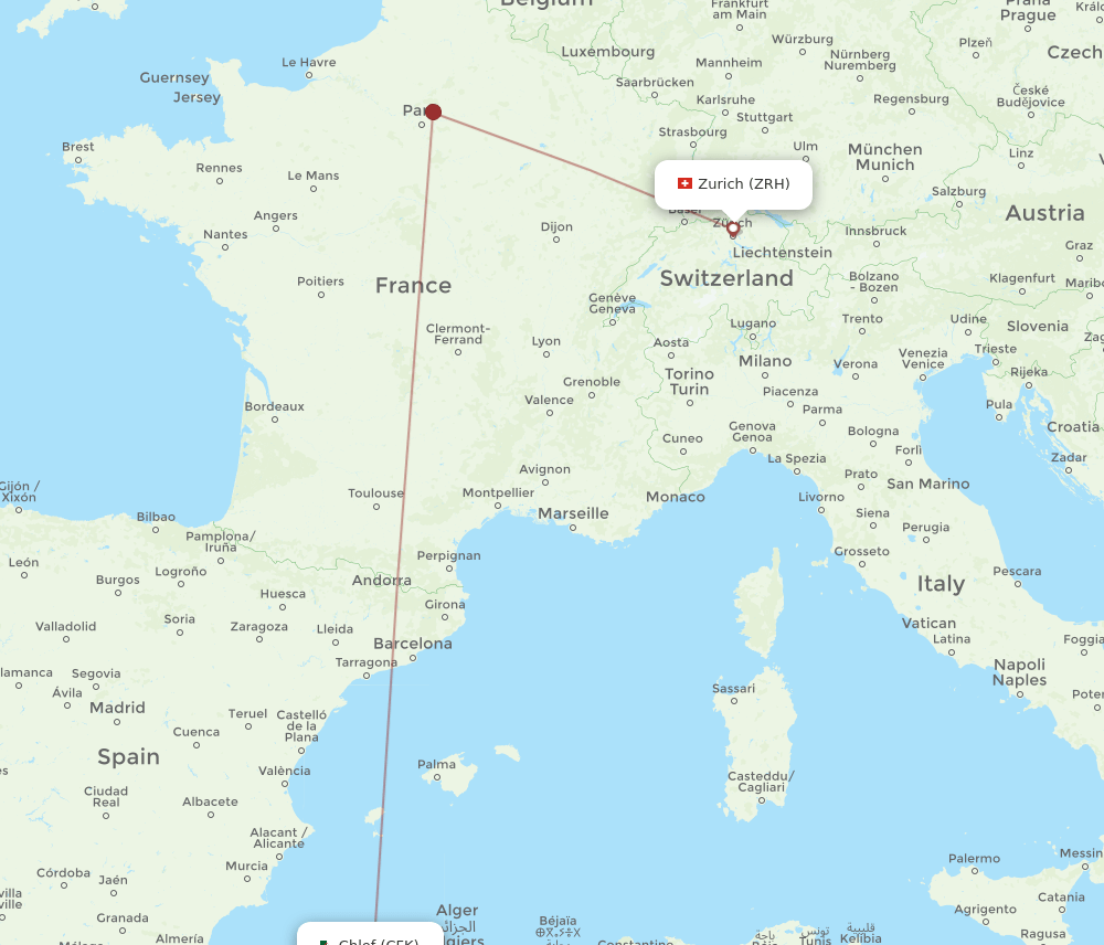 Zurich - Chlef route map and flight paths