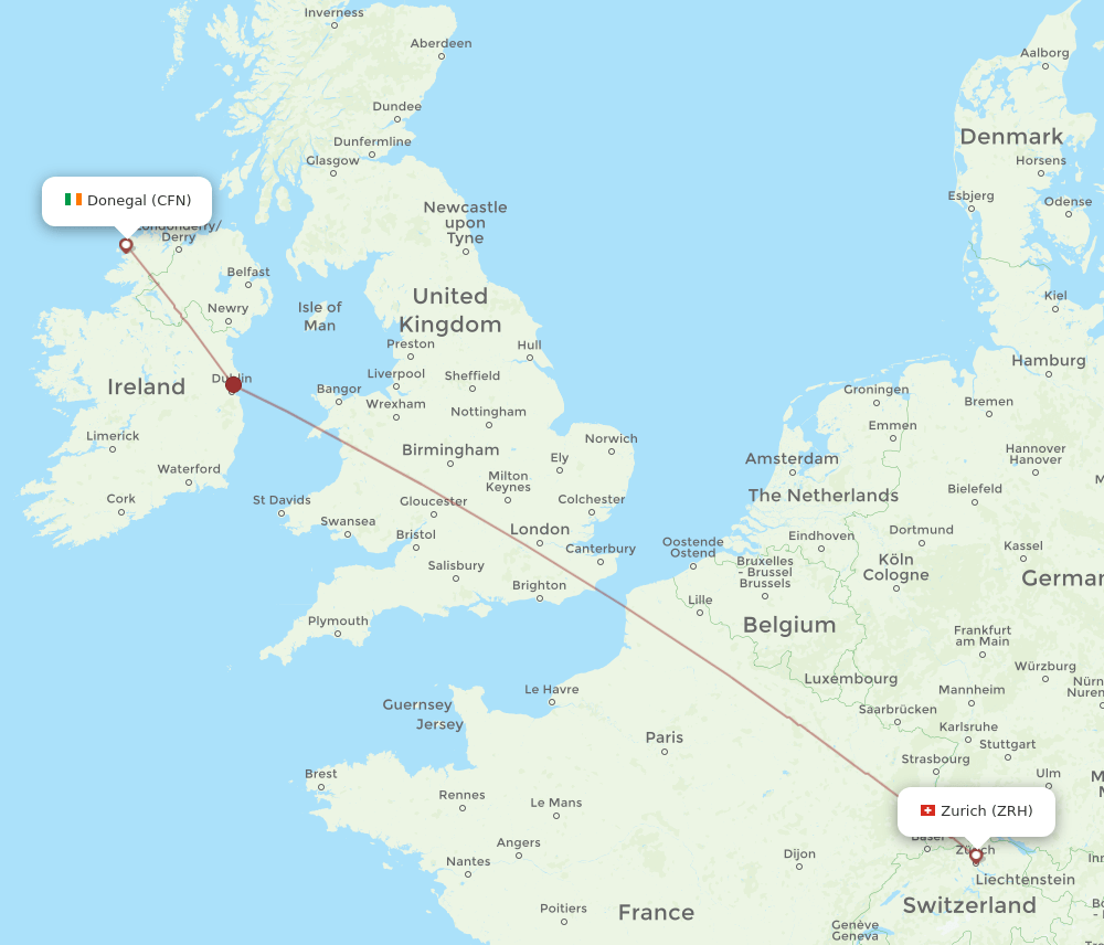 Zurich - Donegal route map and flight paths
