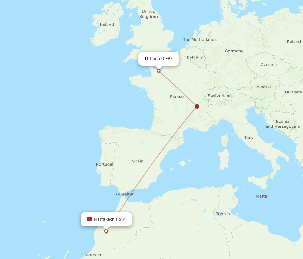 Marrakech - Caen route map and flight paths