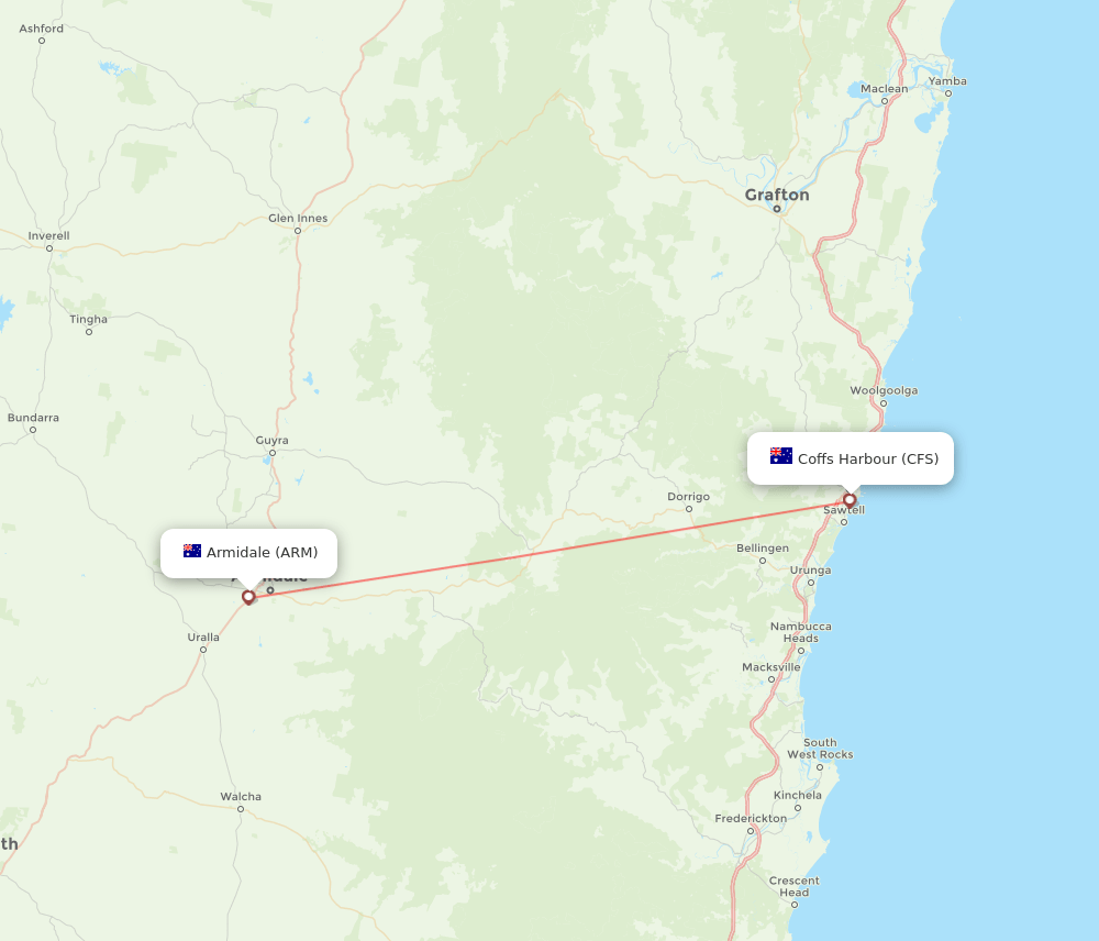 Coffs Harbour - Armidale route map and flight paths