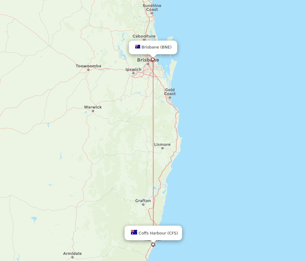 Coffs Harbour - Brisbane route map and flight paths