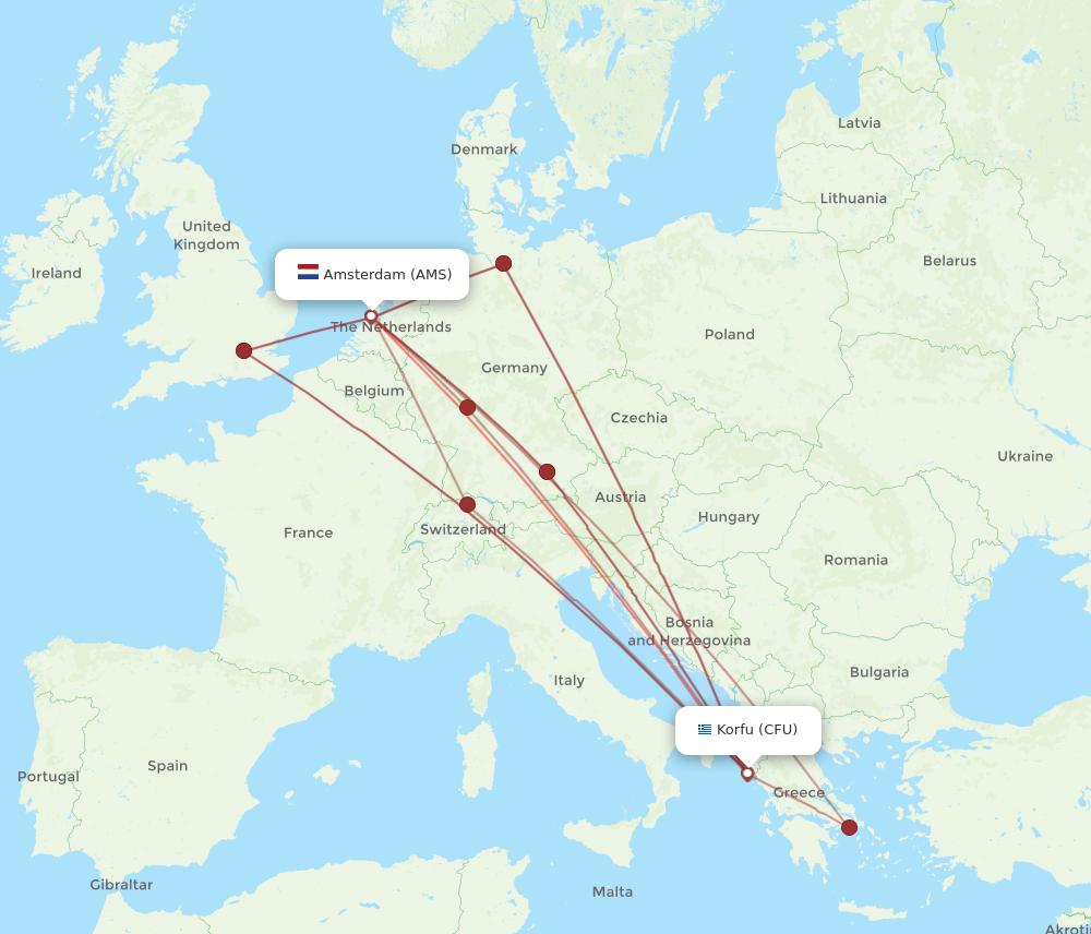 CFU to AMS flights and routes map