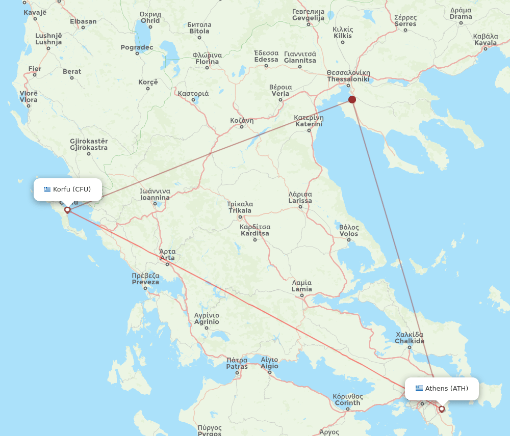 Kerkyra - Athens route map and flight paths