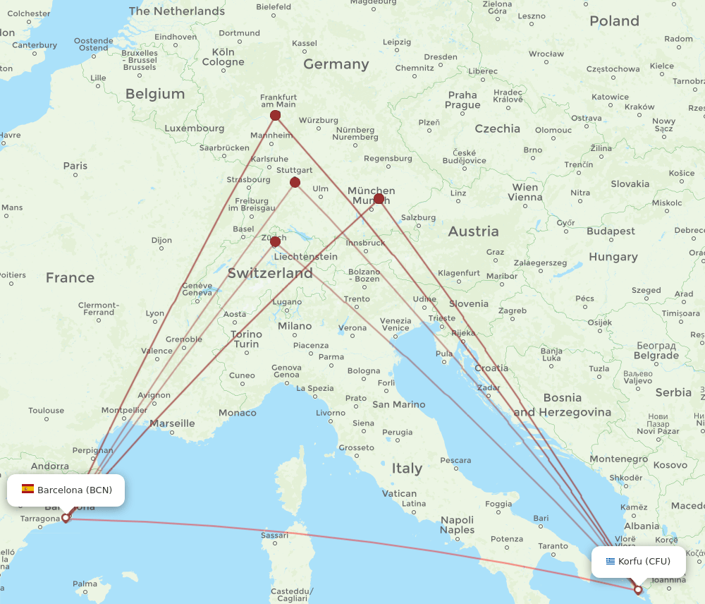 CFU to BCN flights and routes map