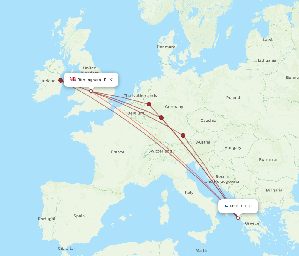 CFU to BHX flights and routes map