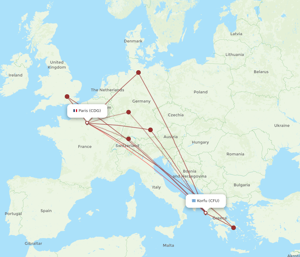 CFU to CDG flights and routes map