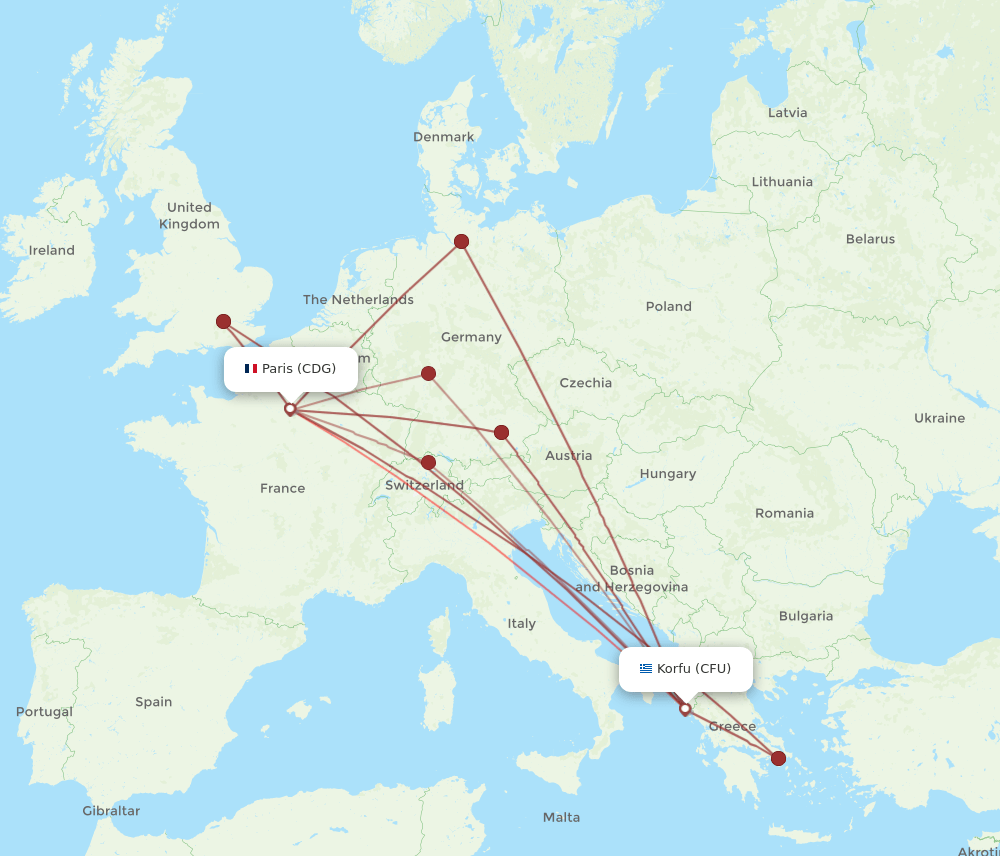 CFU to CDG flights and routes map