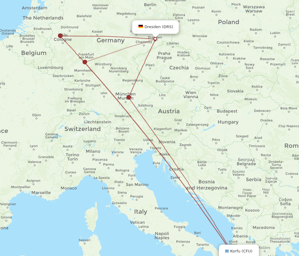 Dresden - Kerkyra route map and flight paths