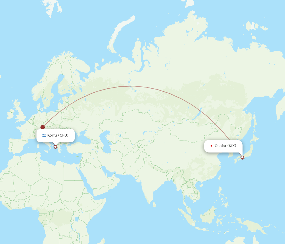 Osaka - Kerkyra route map and flight paths