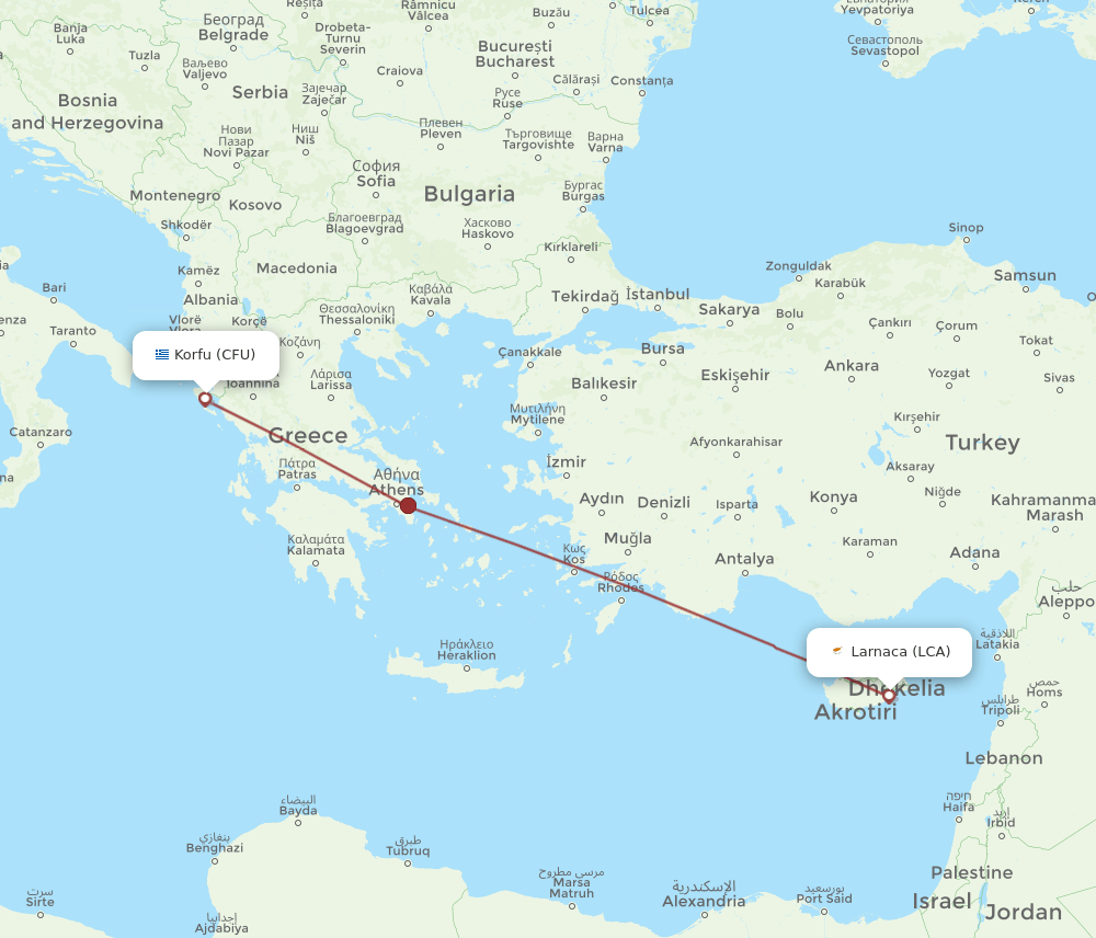 CFU to LCA flights and routes map