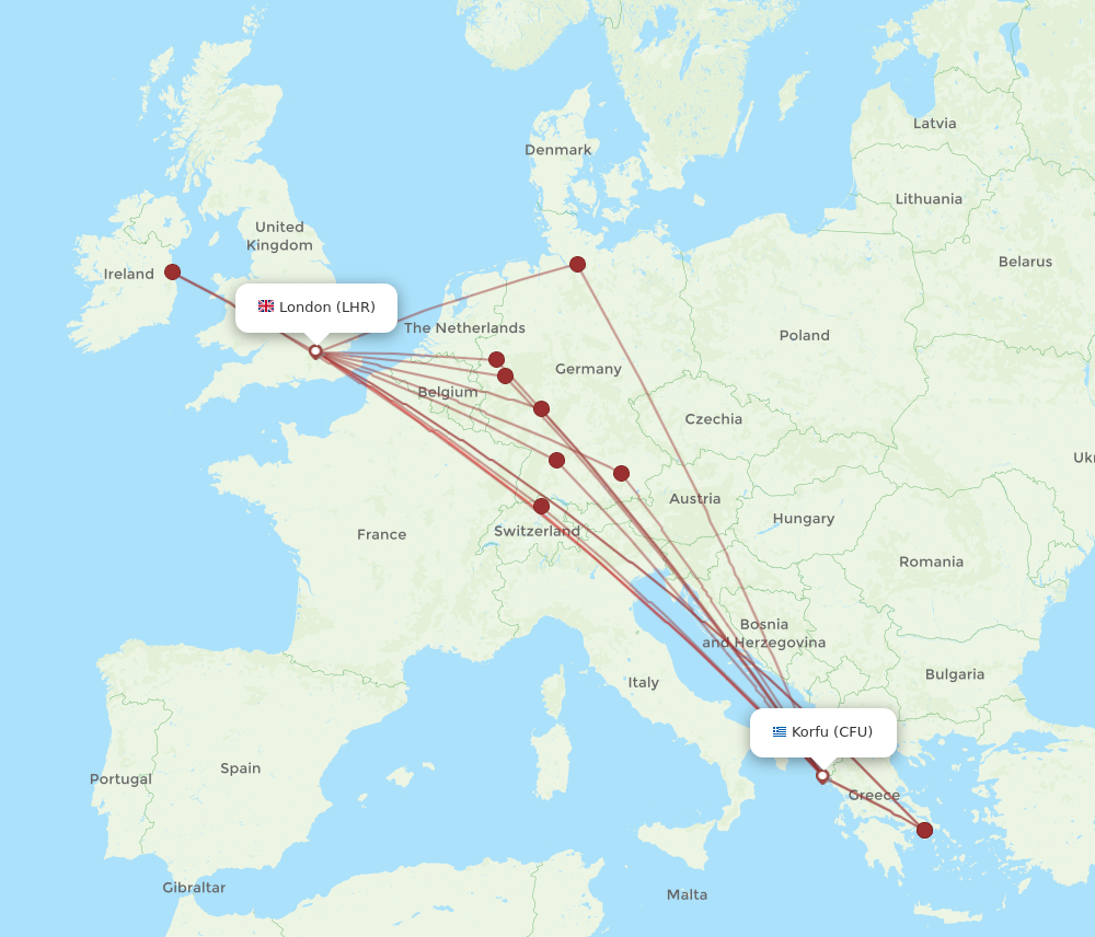 CFU to LHR flights and routes map