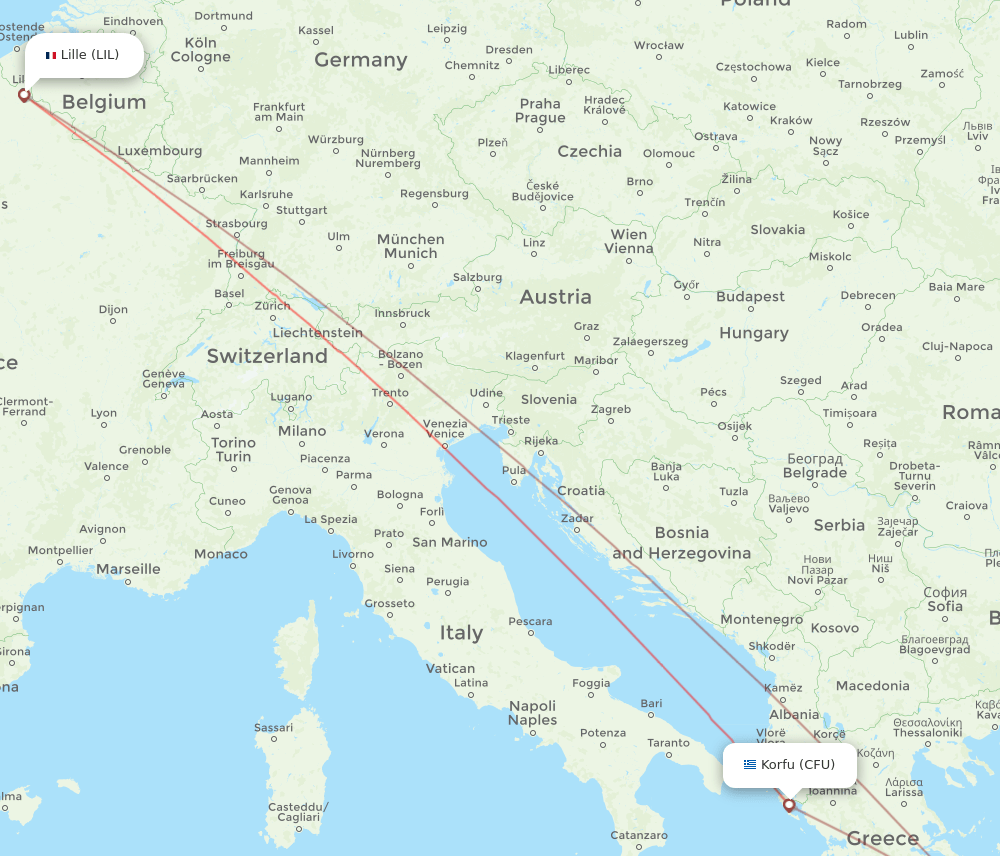 Kerkyra - Lille route map and flight paths