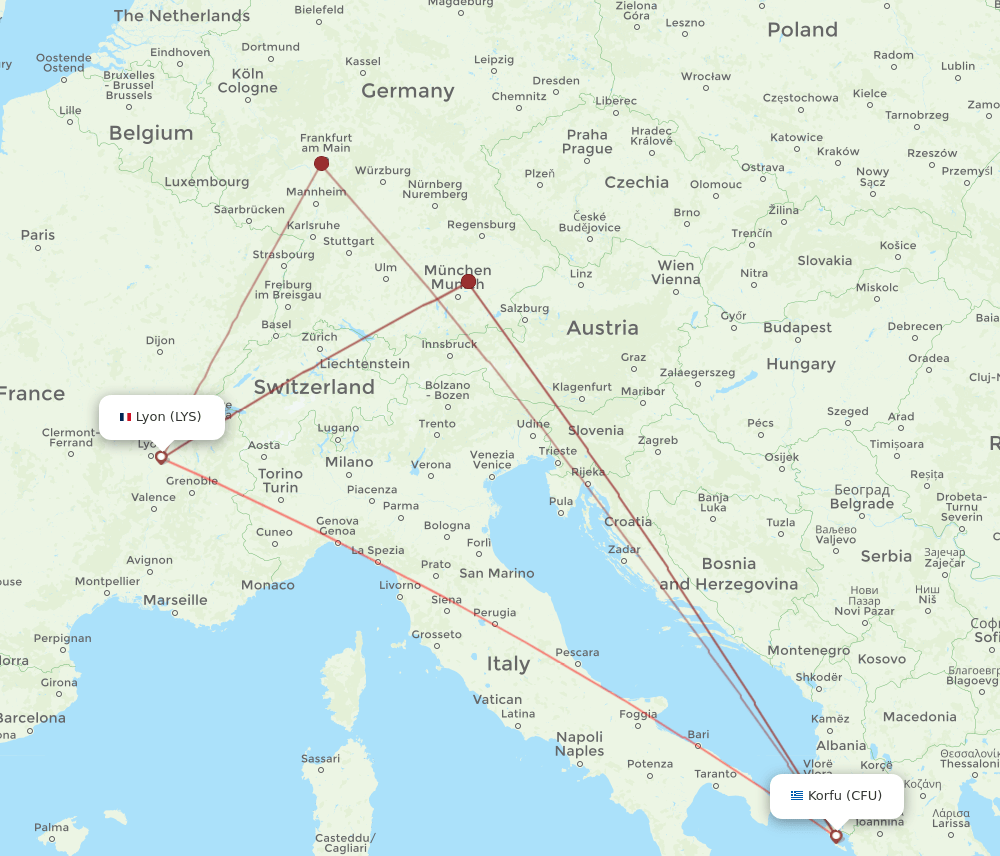 CFU to LYS flights and routes map