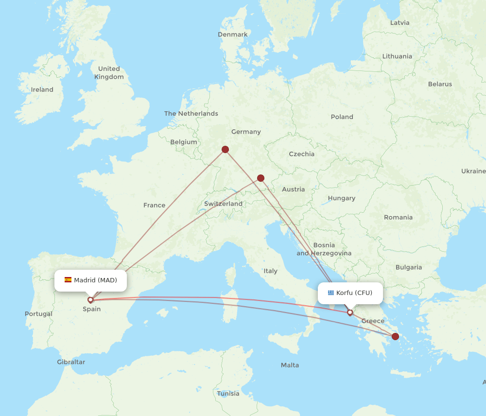 CFU to MAD flights and routes map