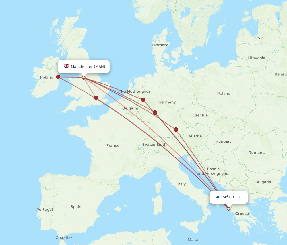 CFU to MAN flights and routes map