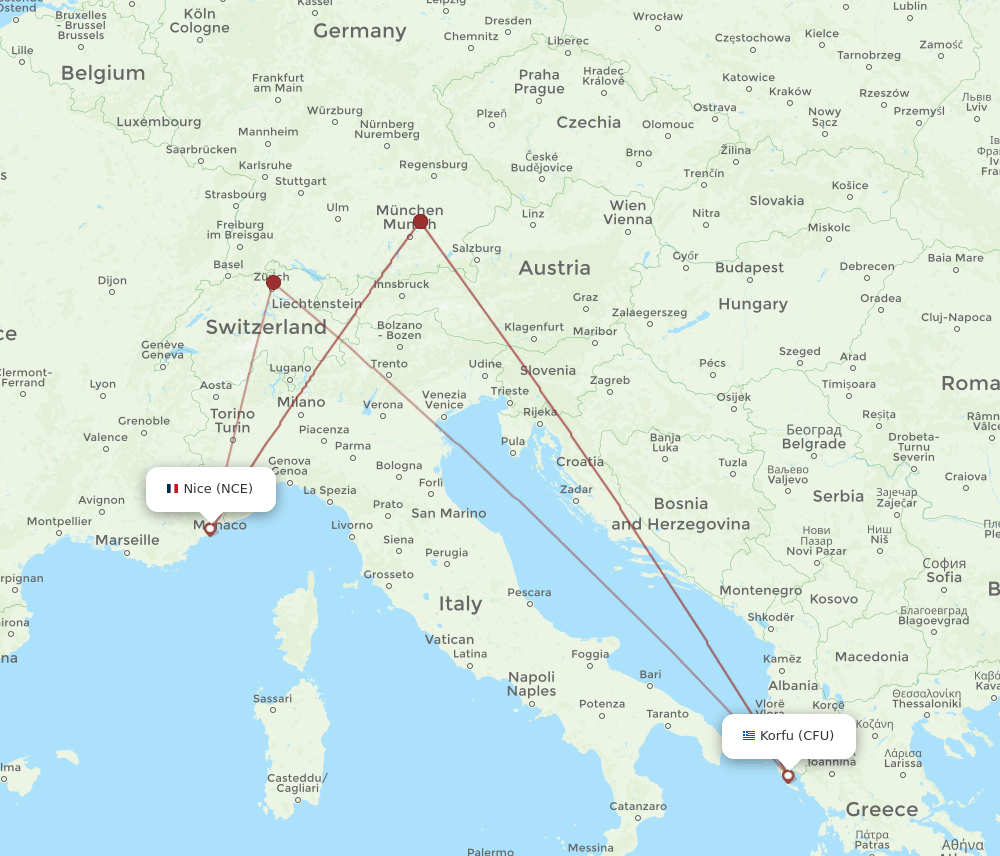 CFU to NCE flights and routes map