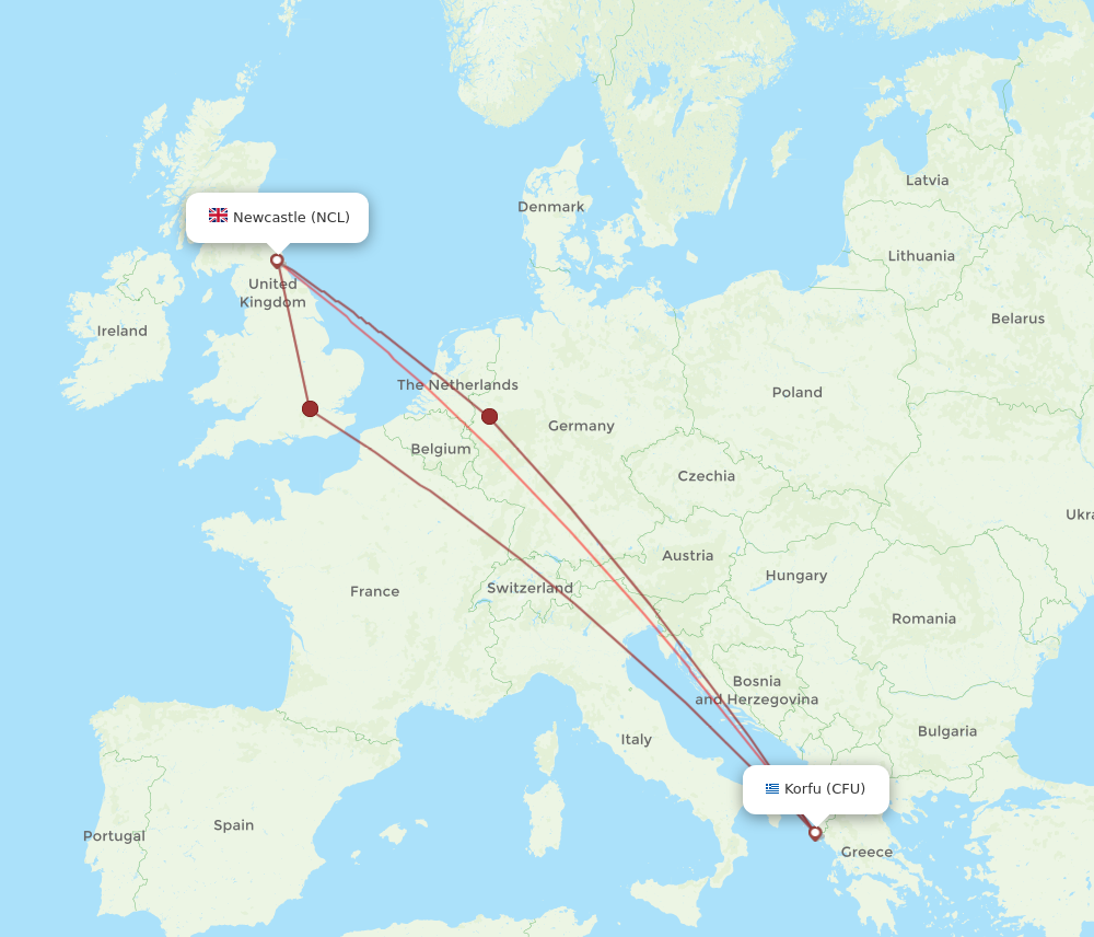 CFU to NCL flights and routes map