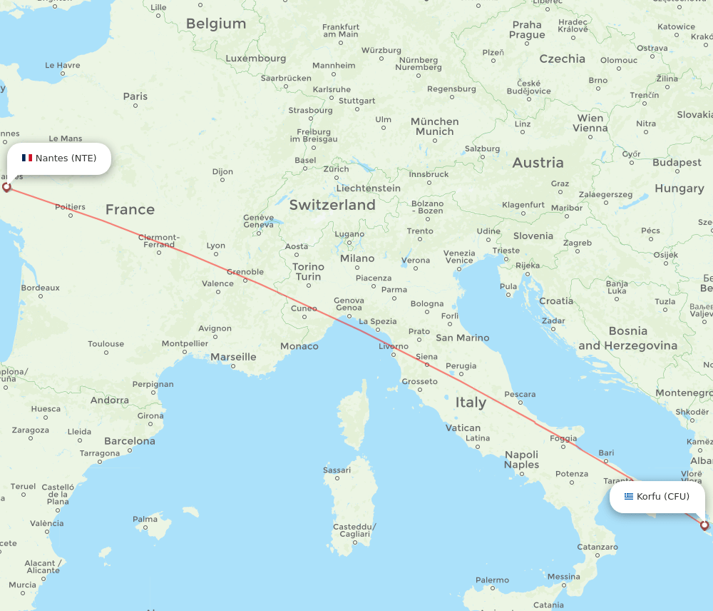 CFU to NTE flights and routes map