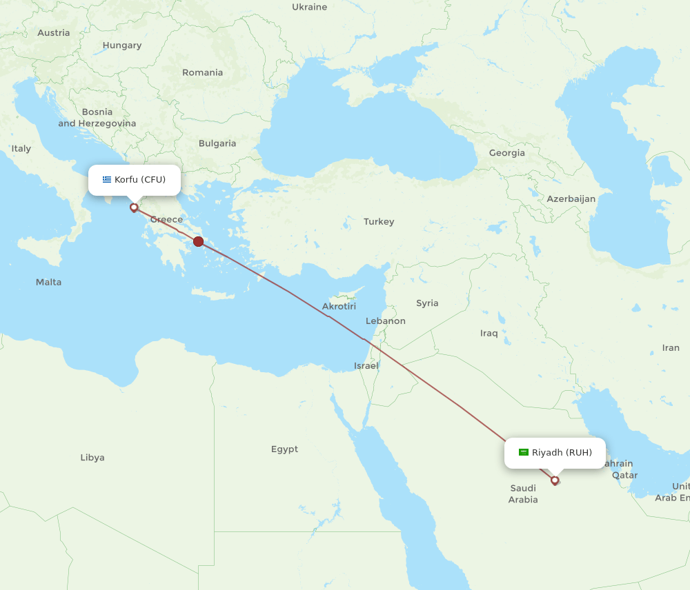 Riyadh - Kerkyra route map and flight paths