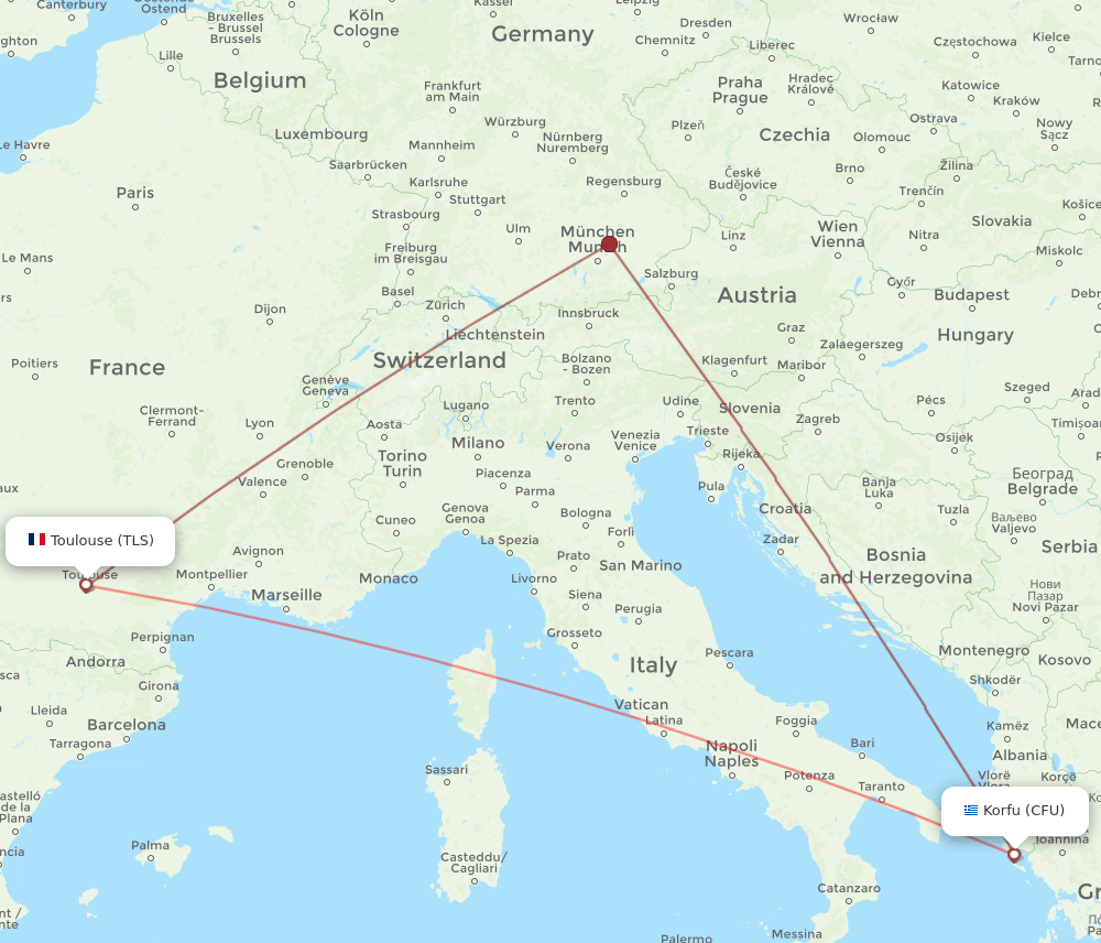 TLS to CFU flights and routes map