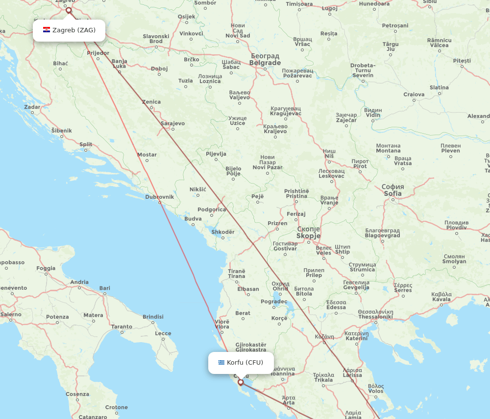 Zagreb - Kerkyra route map and flight paths
