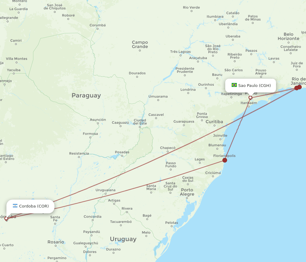 Cordoba - Sao Paulo route map and flight paths