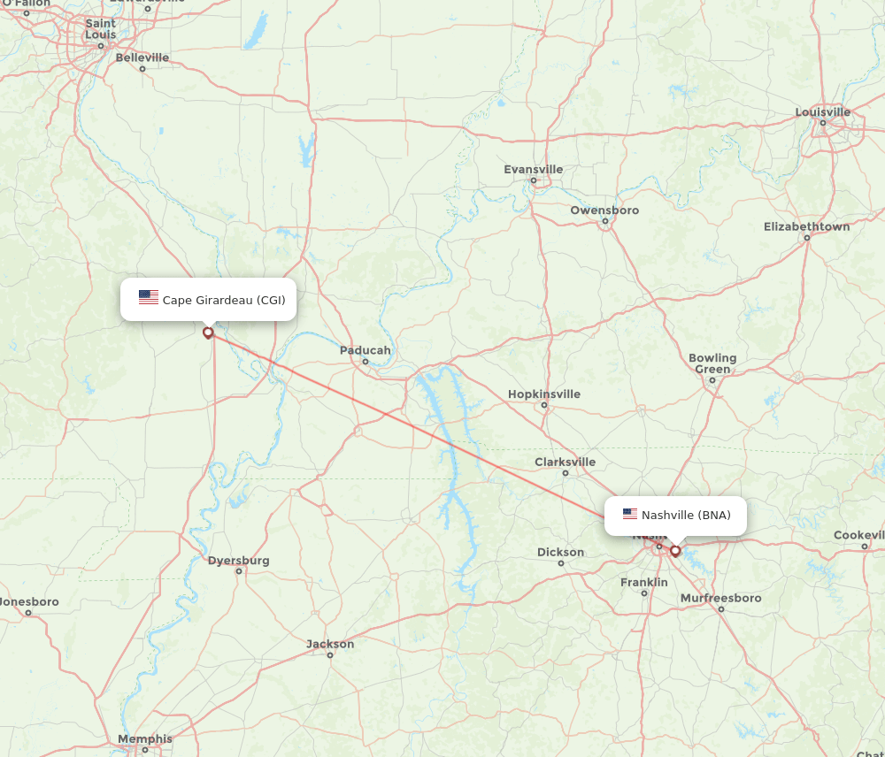 Cape Girardeau - Nashville route map and flight paths