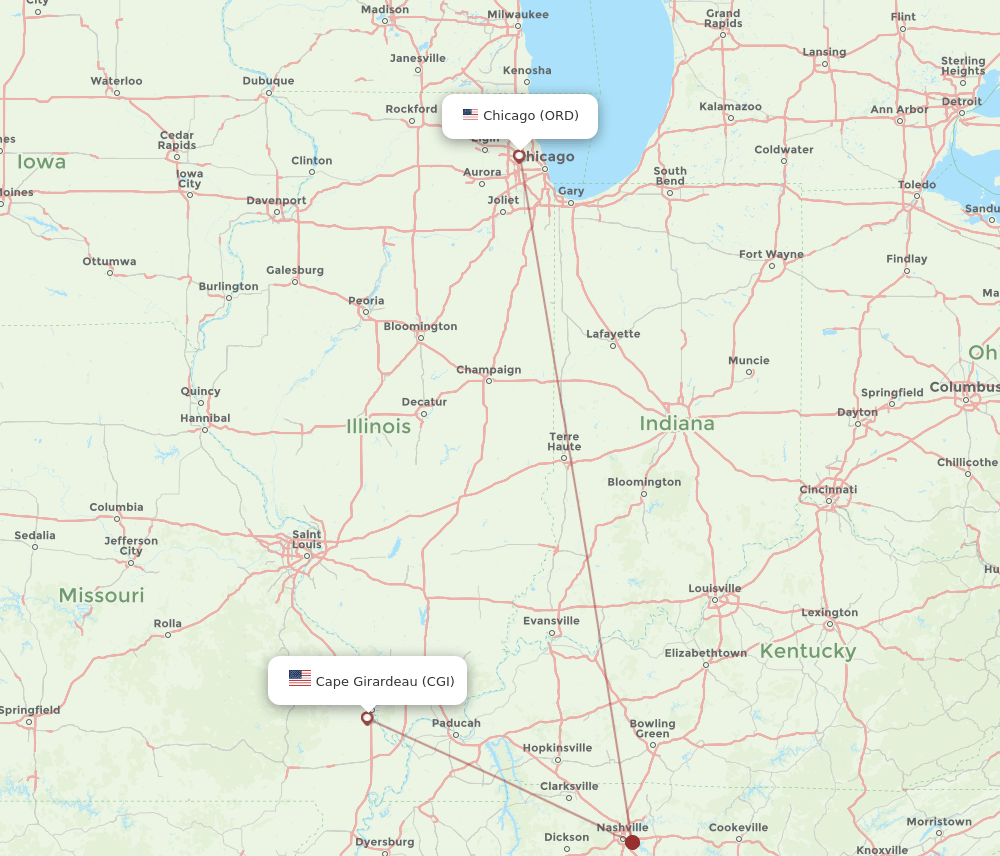 Cape Girardeau - Chicago route map and flight paths