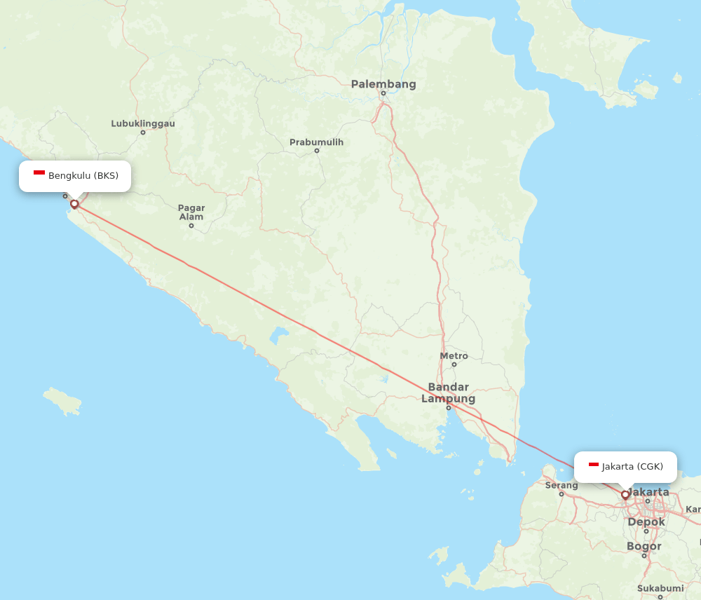 Jakarta - Bengkulu route map and flight paths