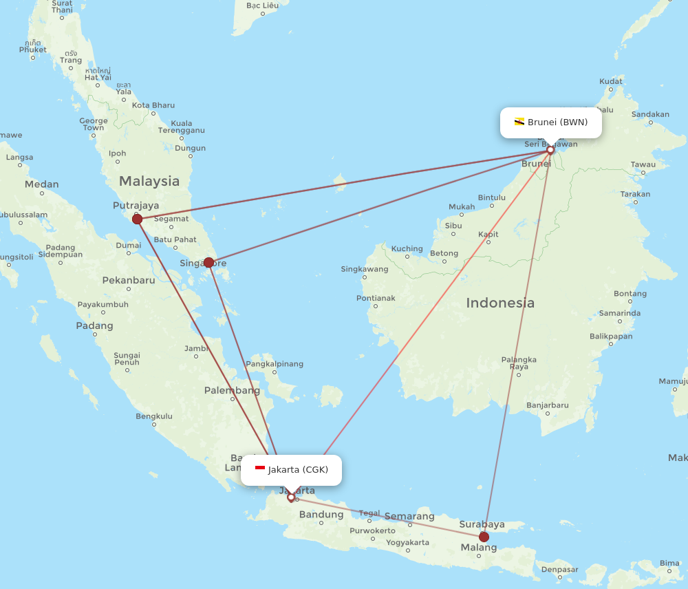 CGK to BWN flights and routes map