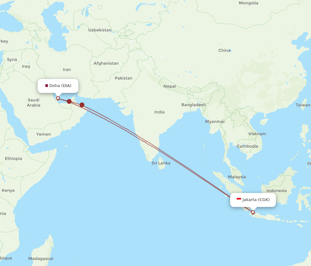 Jakarta - Doha route map and flight paths