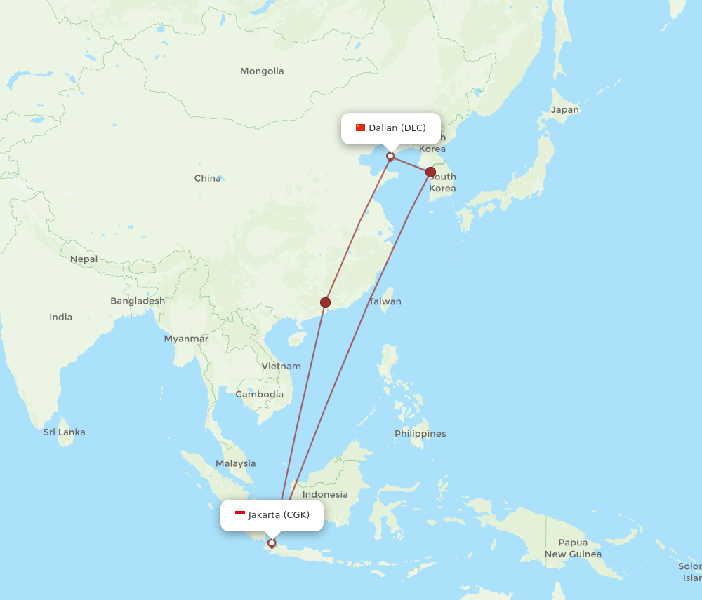 Dalian - Jakarta route map and flight paths