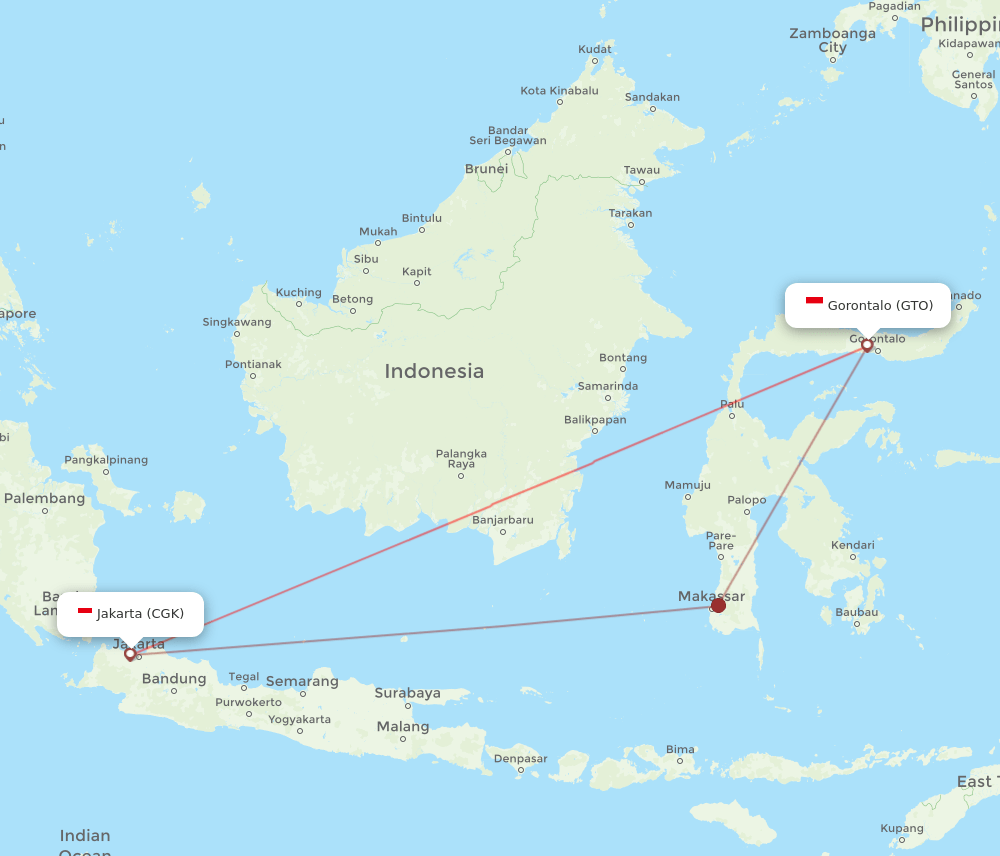 Jakarta - Gorontalo route map and flight paths