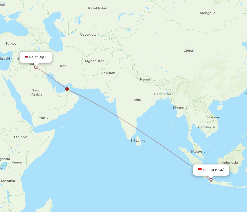 Jakarta - Al-Najaf route map and flight paths
