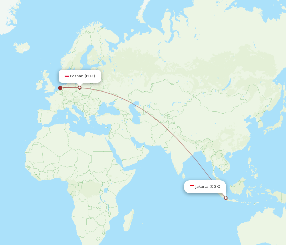 Poznan - Jakarta route map and flight paths