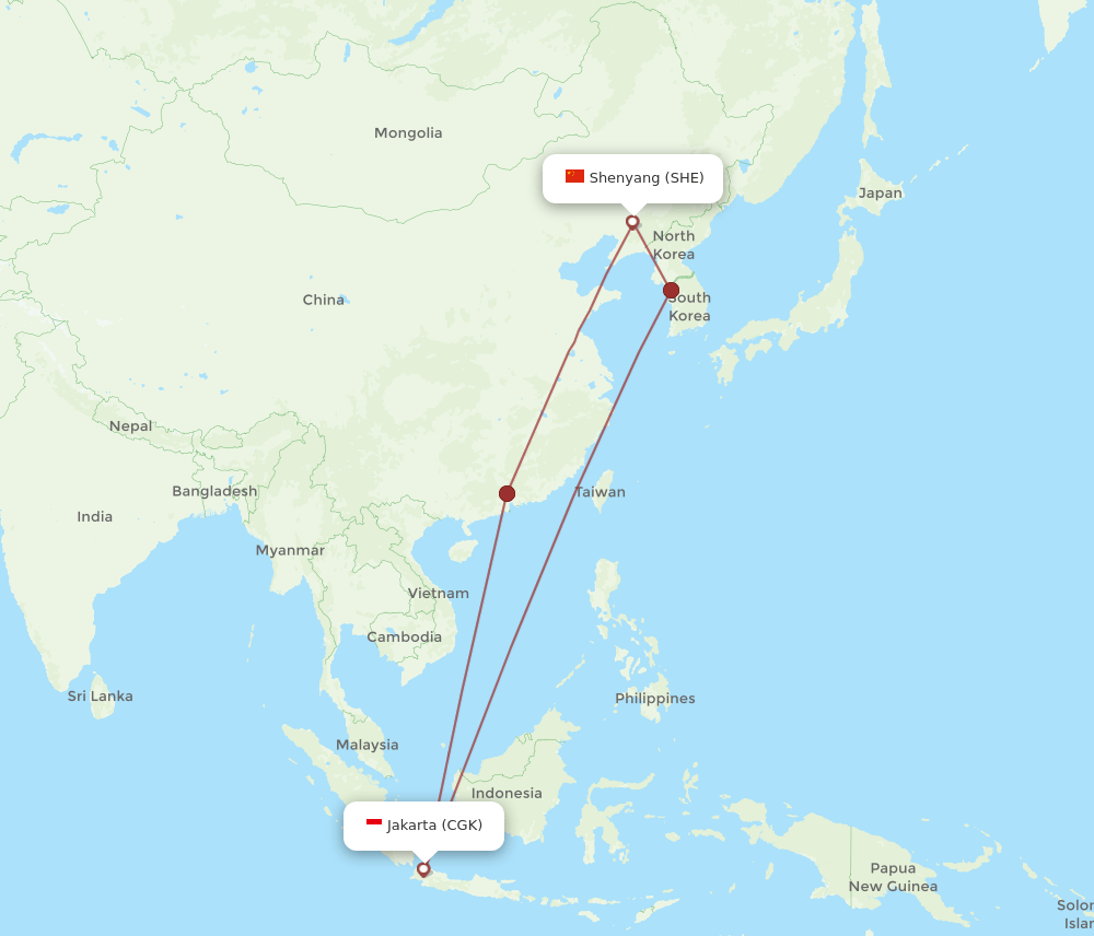 CGK-SHE flight routes