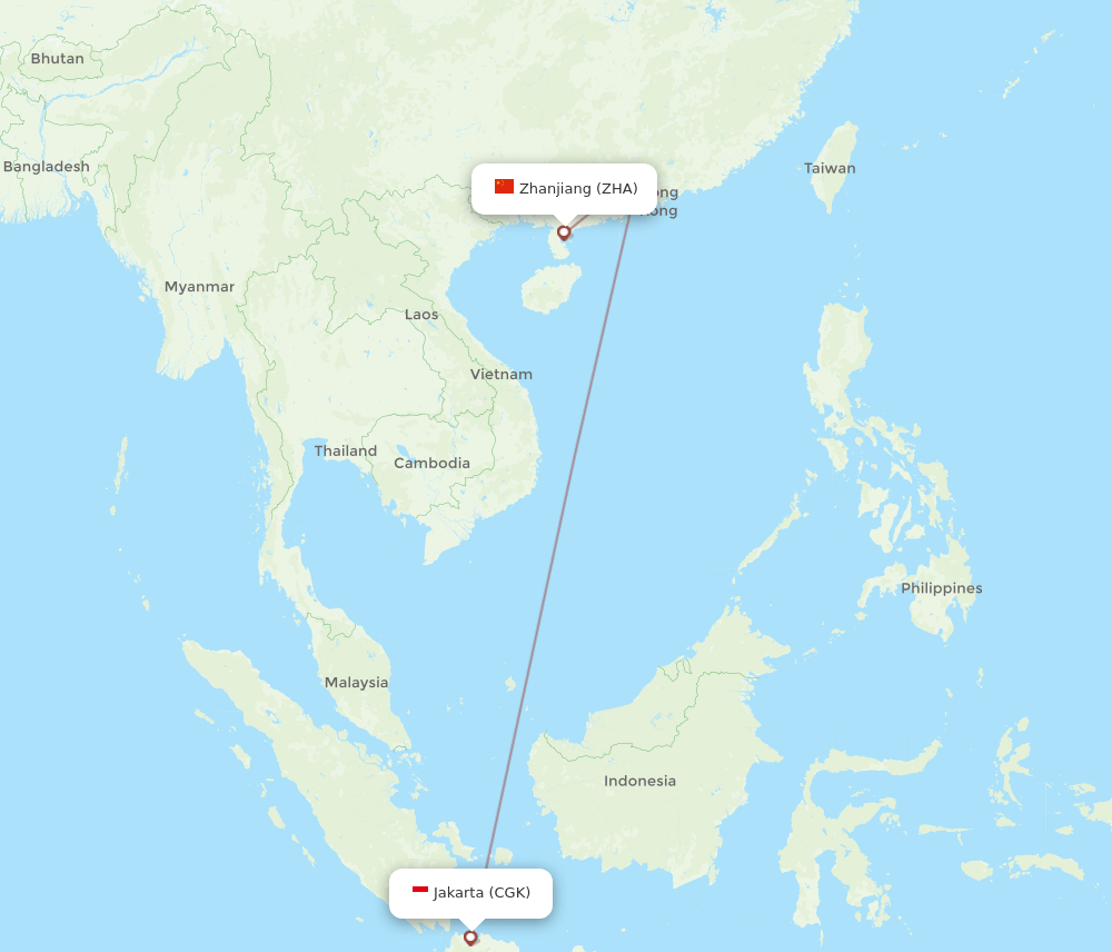 CGK to ZHA flights and routes map