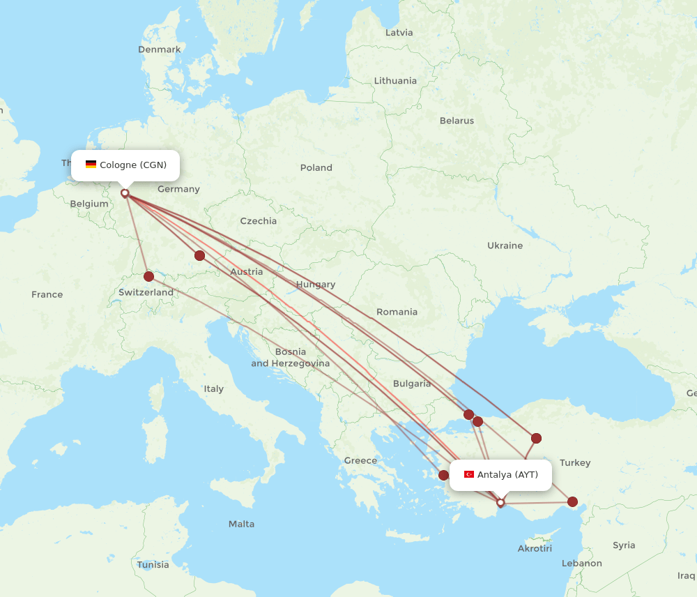 CGN to AYT flights and routes map