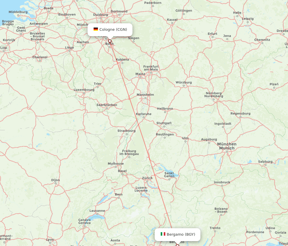 Cologne - Milan route map and flight paths