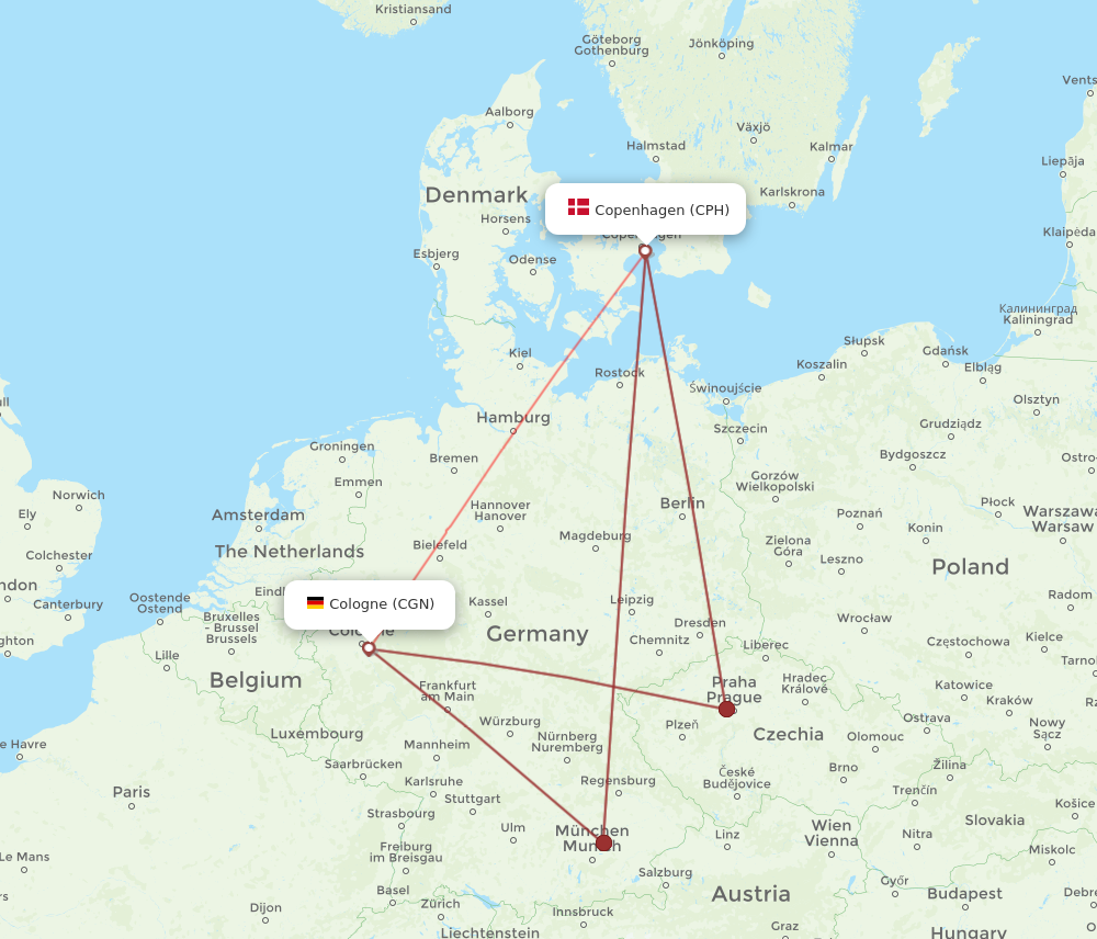 CGN to CPH flights and routes map