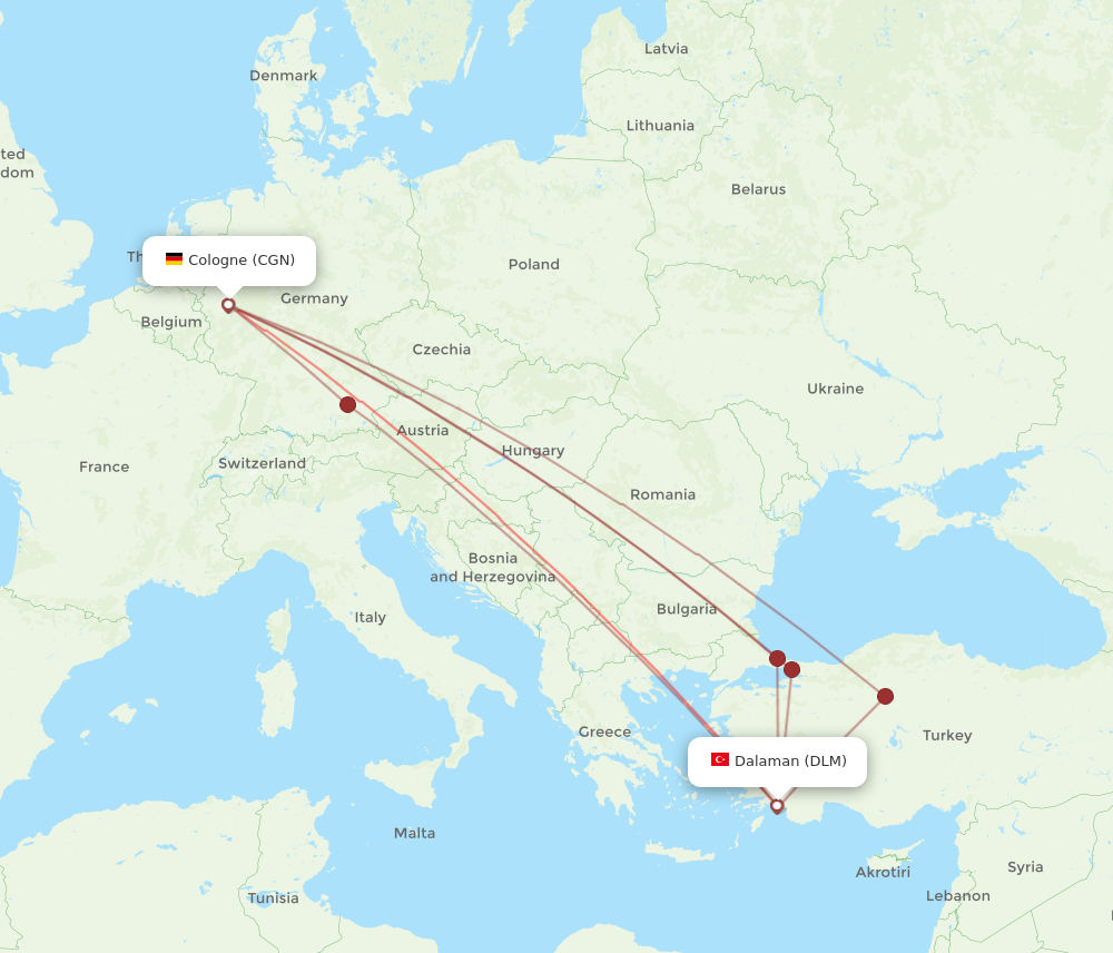 CGN to DLM flights and routes map