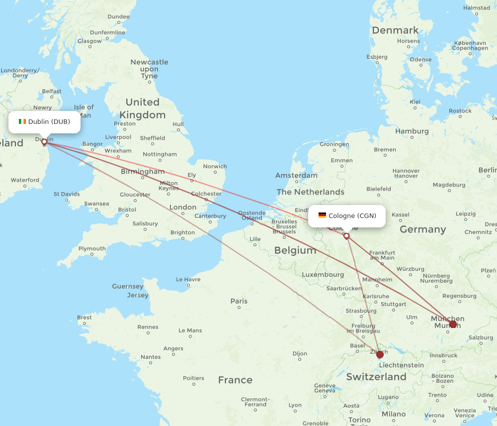 CGN to DUB flights and routes map