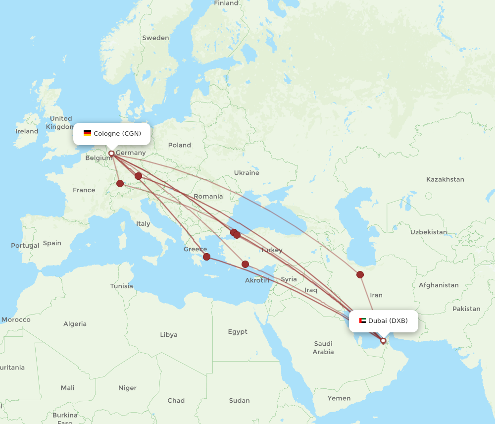 CGN to DXB flights and routes map