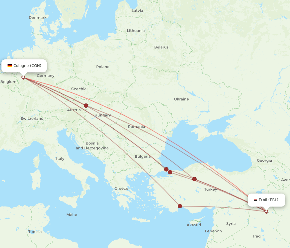 CGN to EBL flights and routes map