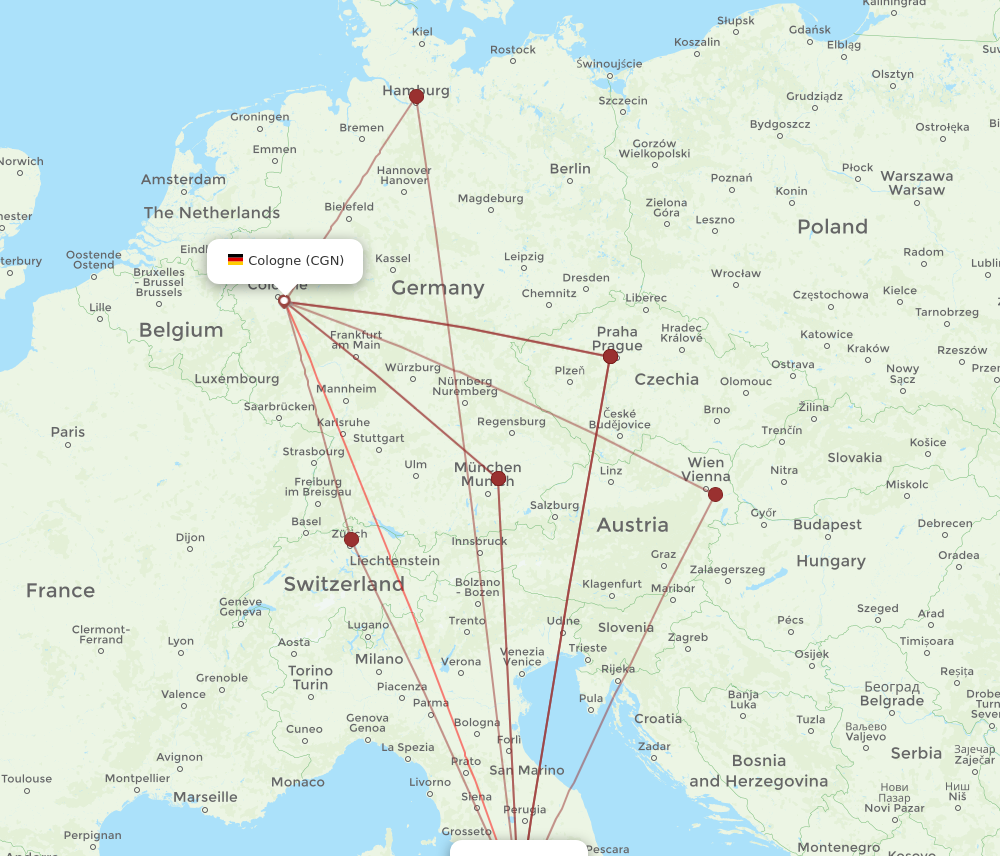 CGN to FCO flights and routes map