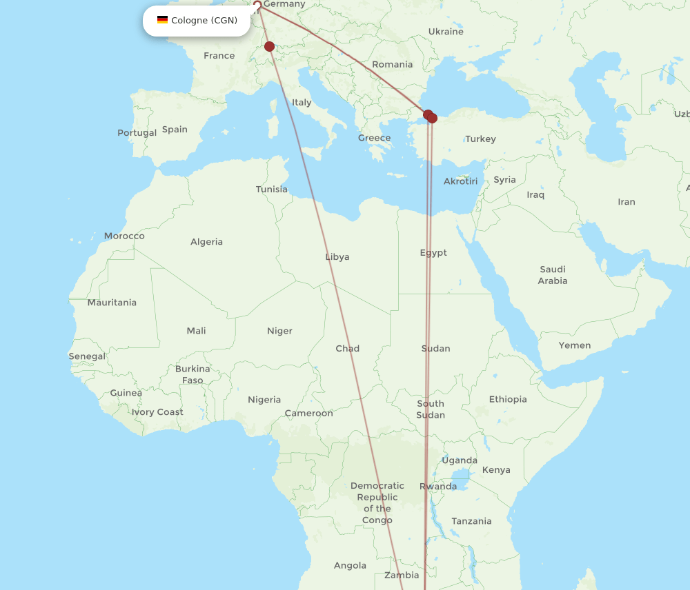 CGN-JNB flight routes